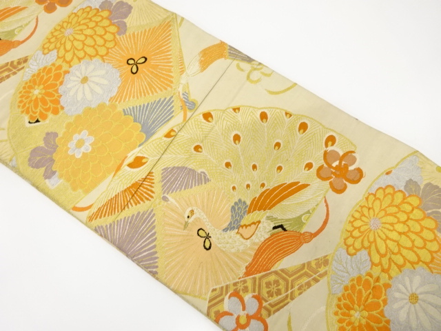 JAPANESE KIMONO / ANTIQUE MARU OBI / SILK / WOVEN PEACOCK & KIKU